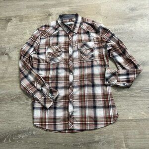 BKE Buckle Shirt Tailored Fit Pearl Snap White Plaid Western Men's Size XL